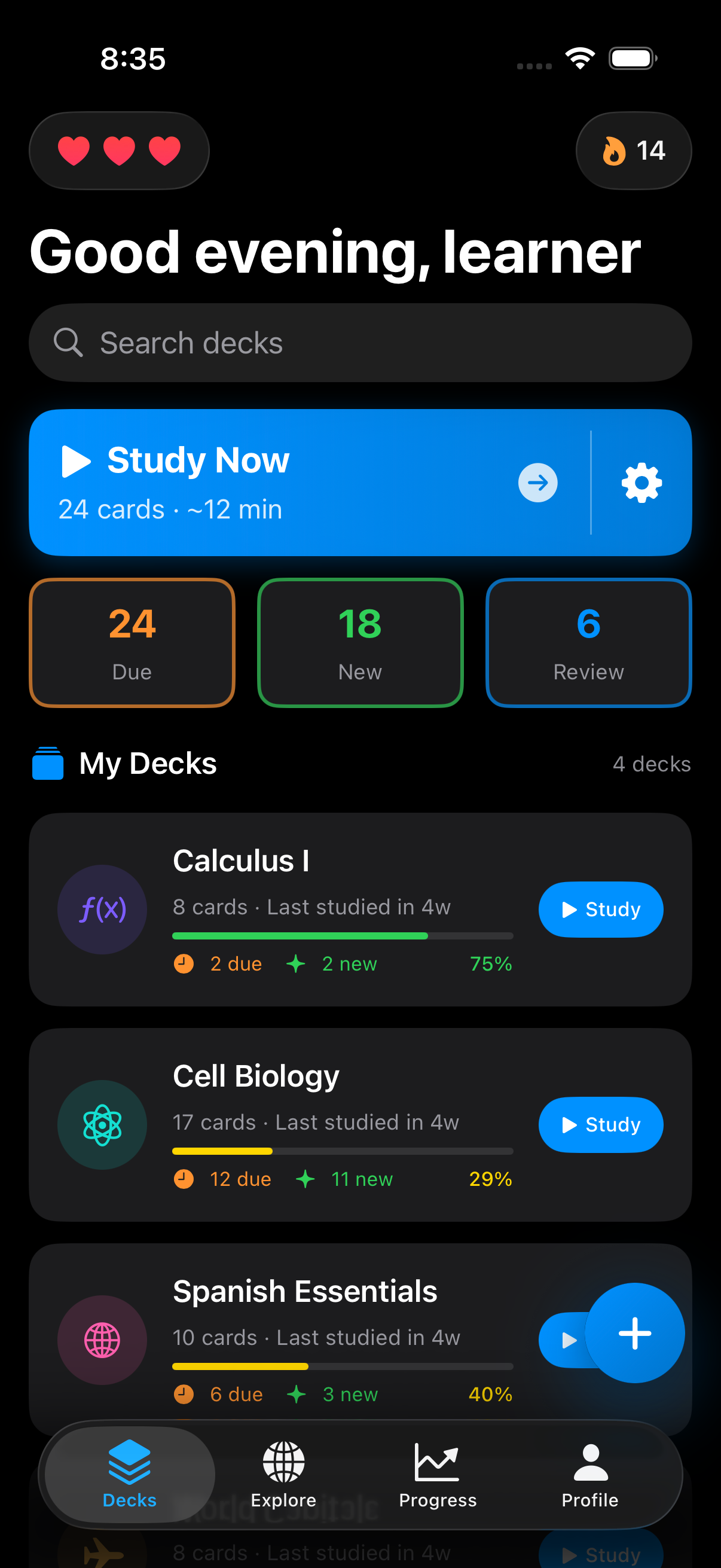 FlashLeap home screen showing your decks