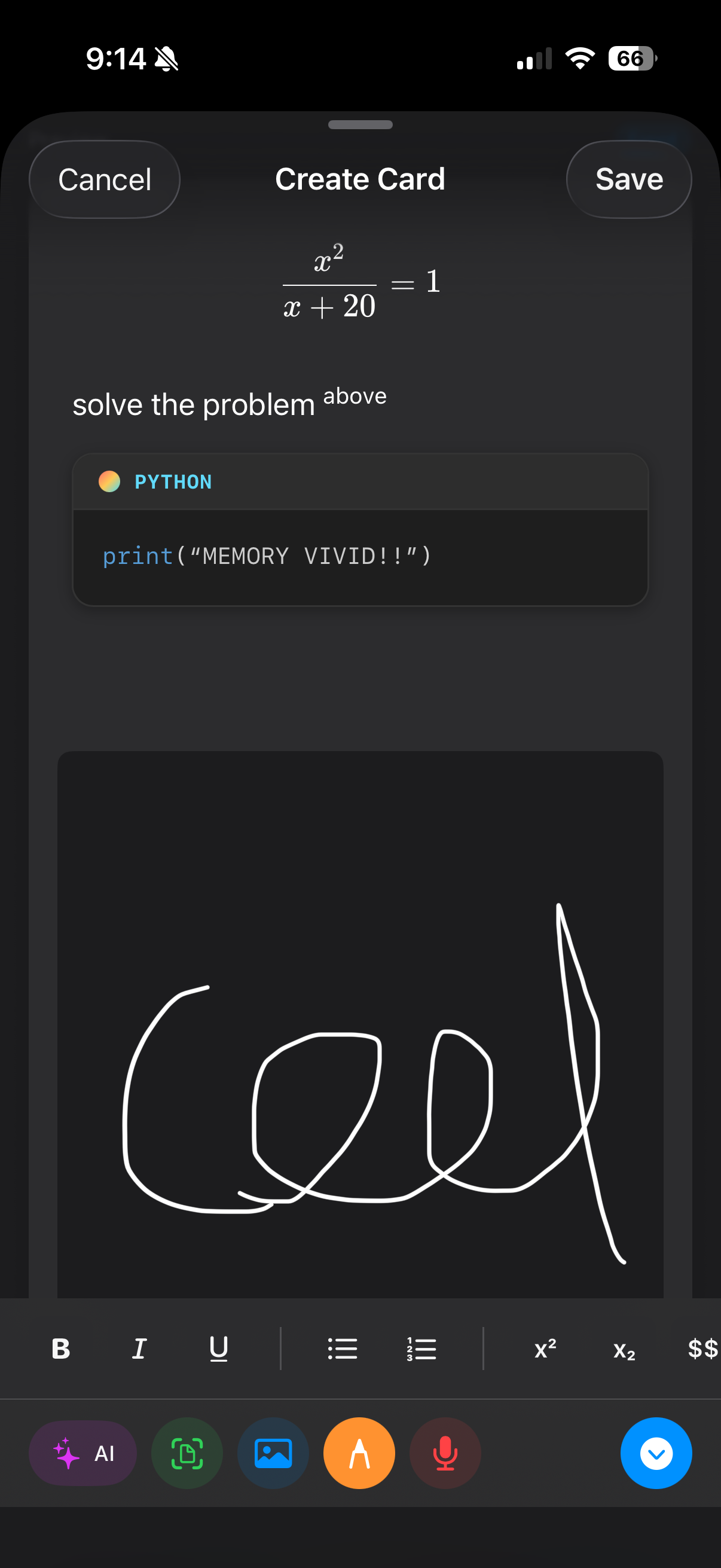 Card editor with math equations, code blocks and handwriting