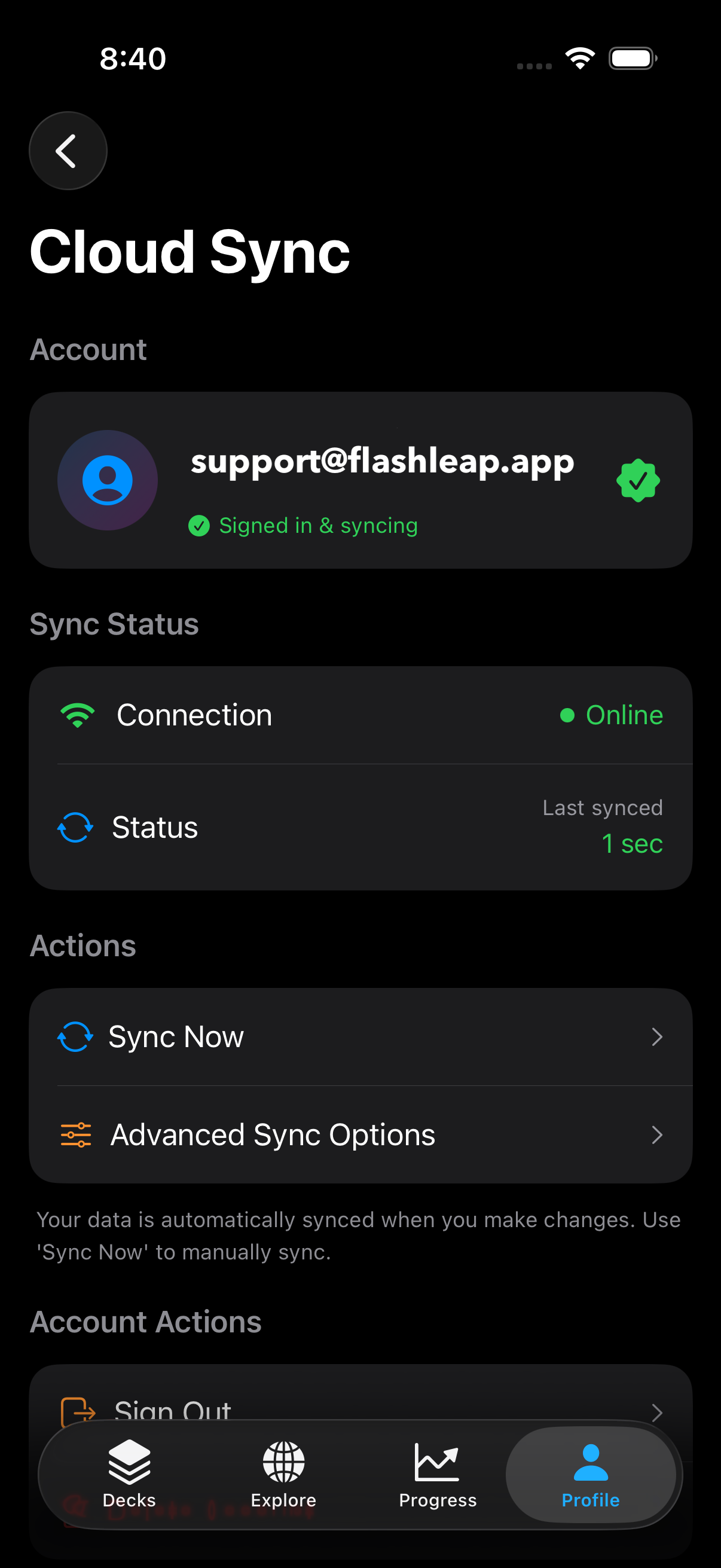 Cloud sync settings showing decks synced across devices